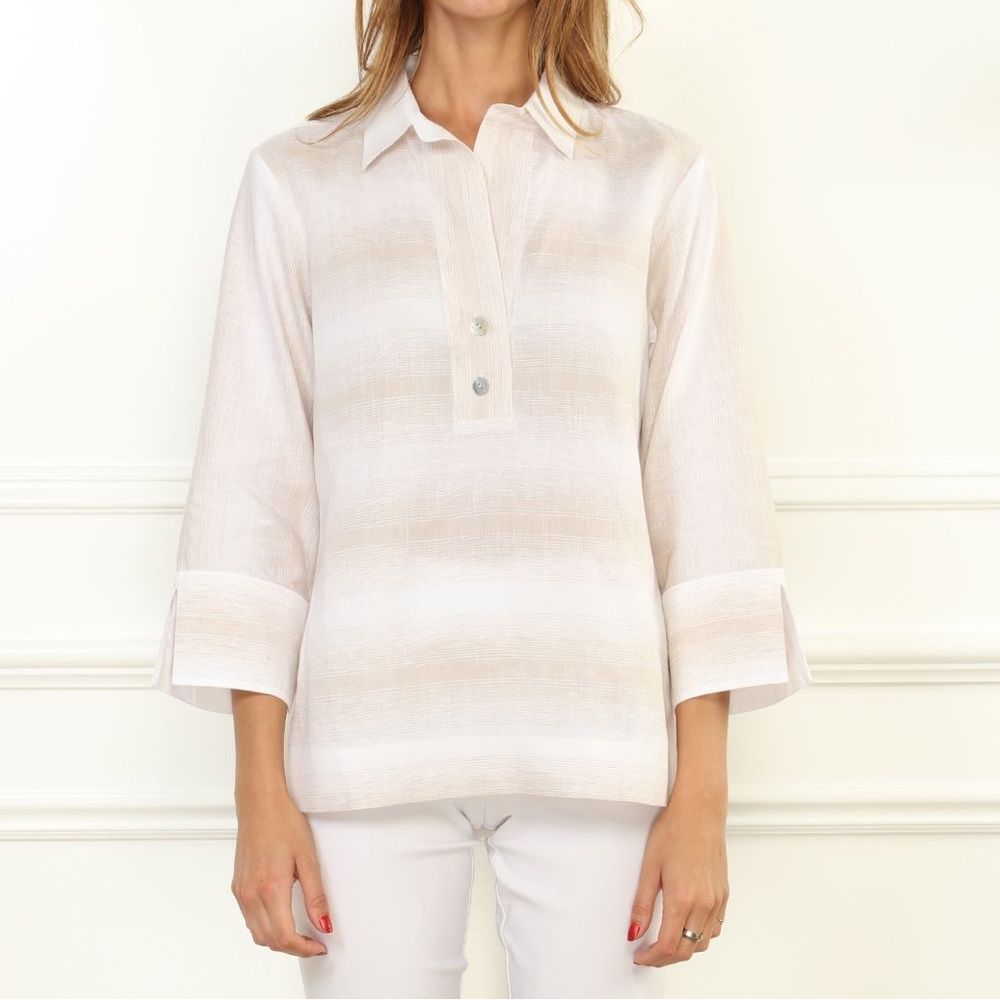 NWT Hinson Wu “Aileen” 3/4 Sleeve Collared Shirt in Flax Ombré Stripe Sz 6